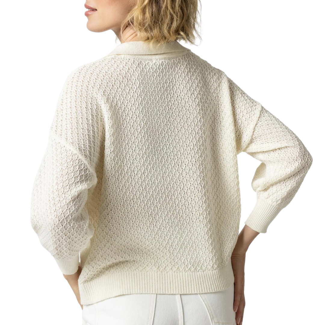 Easy 3/4 Sleeve Polo Sweater in Bone