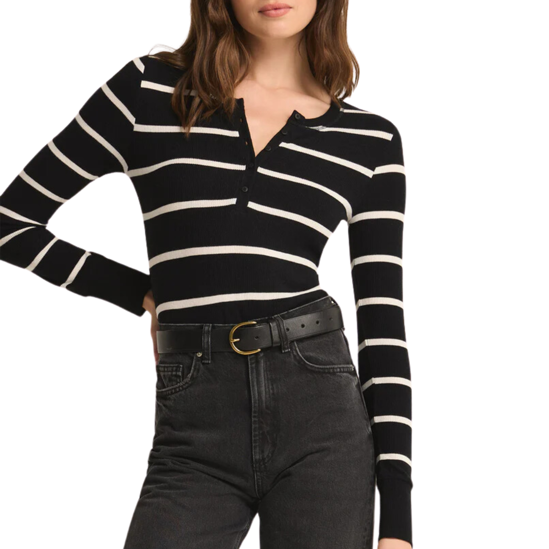 Scarlett Rib Stripe Henley in Black
