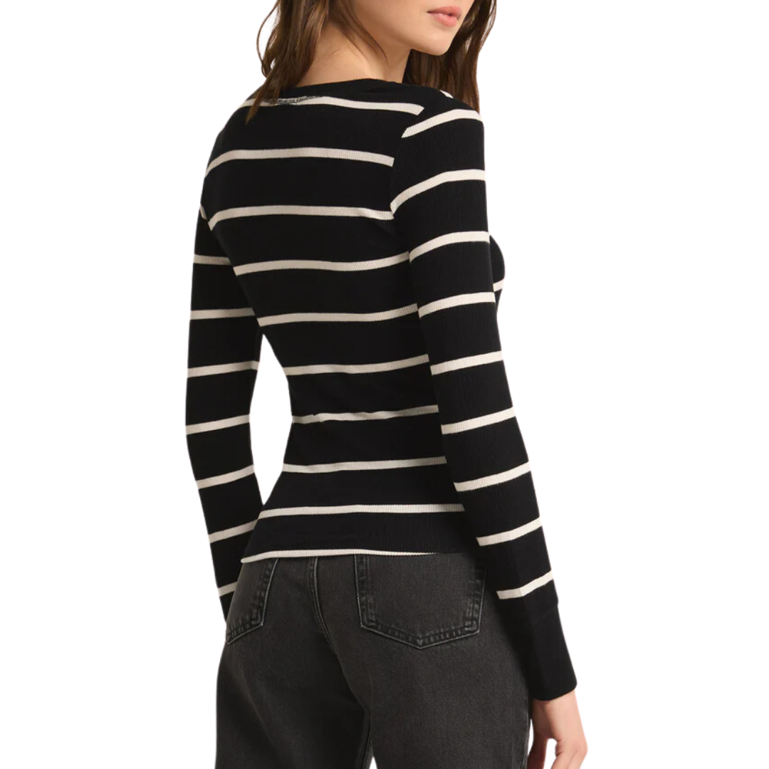 Scarlett Rib Stripe Henley in Black