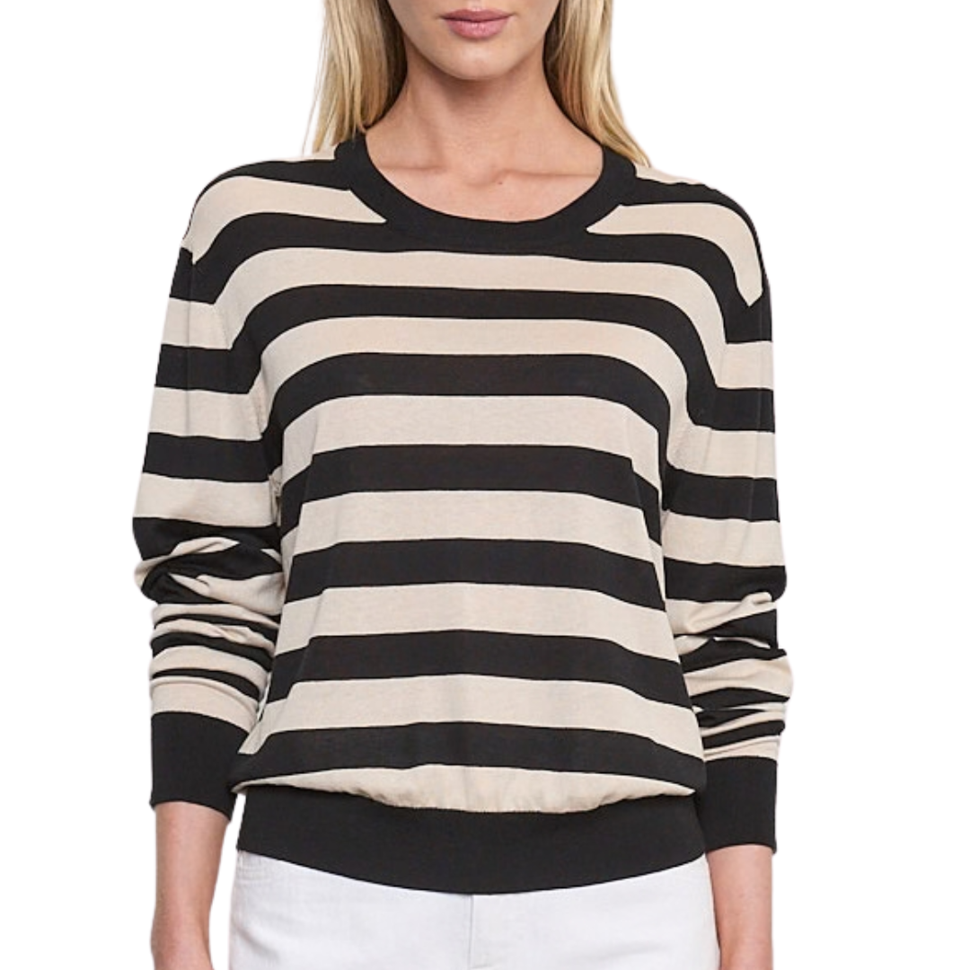 Stripe Silk Knit Crew in Black/Wheat