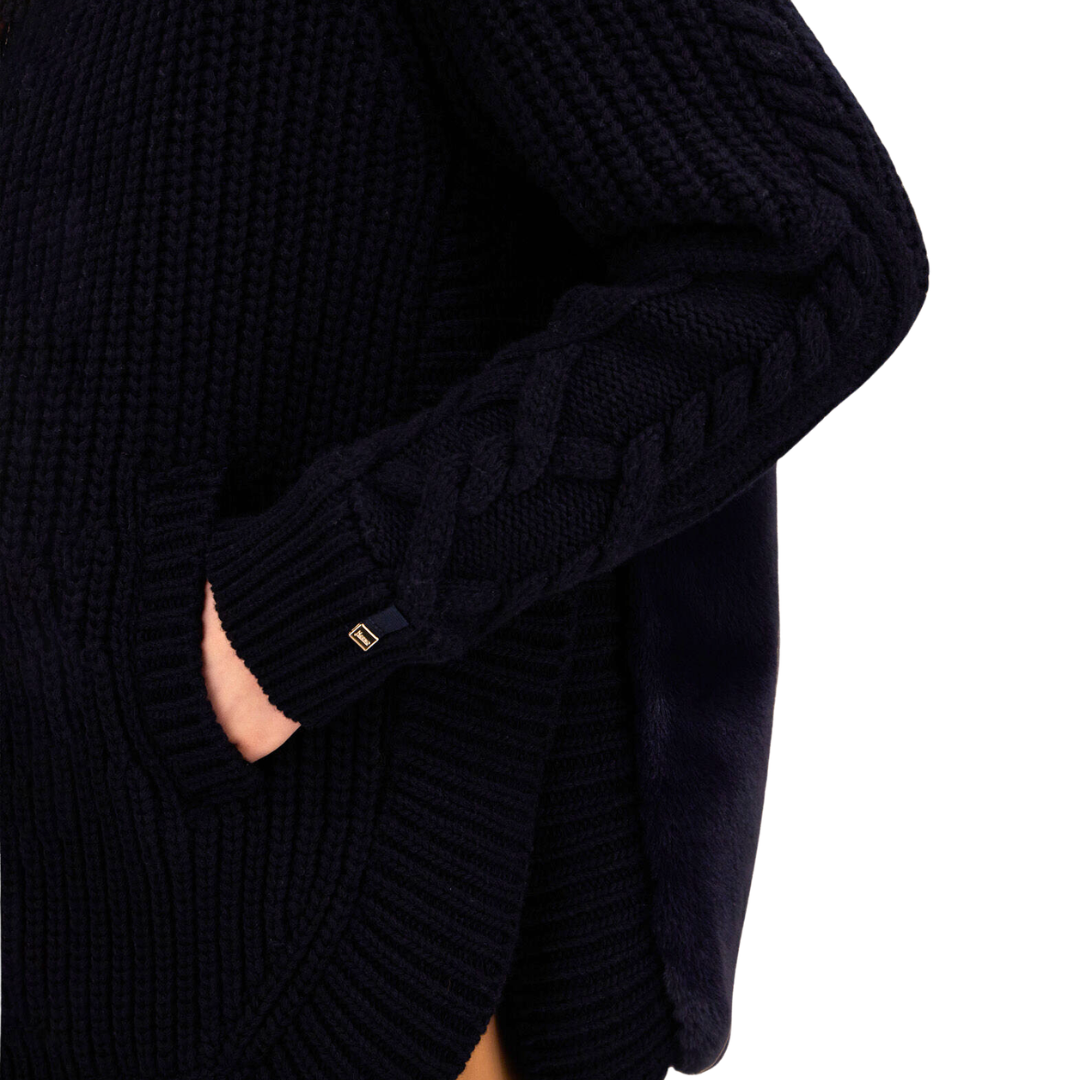 Wool Jacket with Raised Texture and Beaver-Effect Fur Feel in Navy Blue