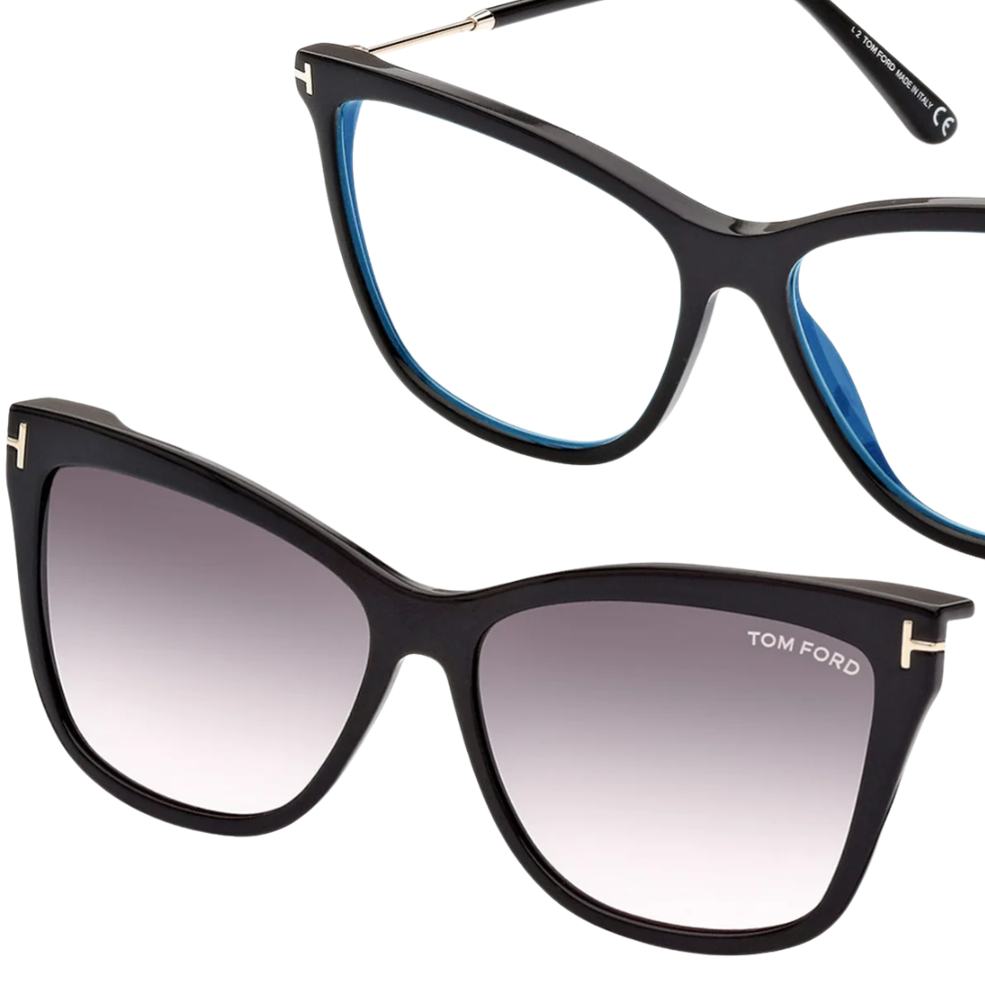 Blue Block Square Opticals With Clip On Sunglasses in Shiny Black/Violet