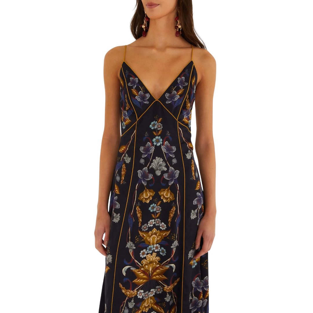 Golden Nature Maxi Slip Dress in Navy Blue