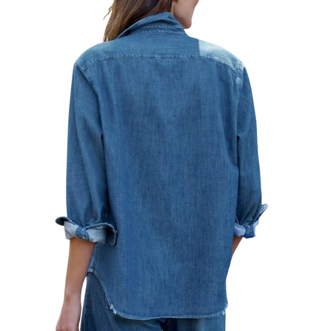 Eileen Relaxed Button-Up Shirt in Distressed Indigo Washed Denim