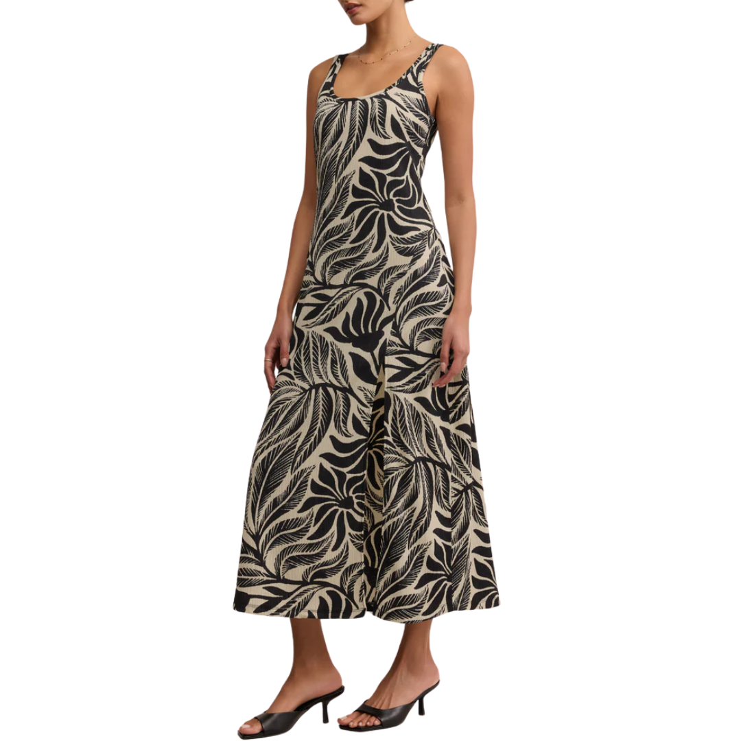 Polanco Palm Midi Dress in Black