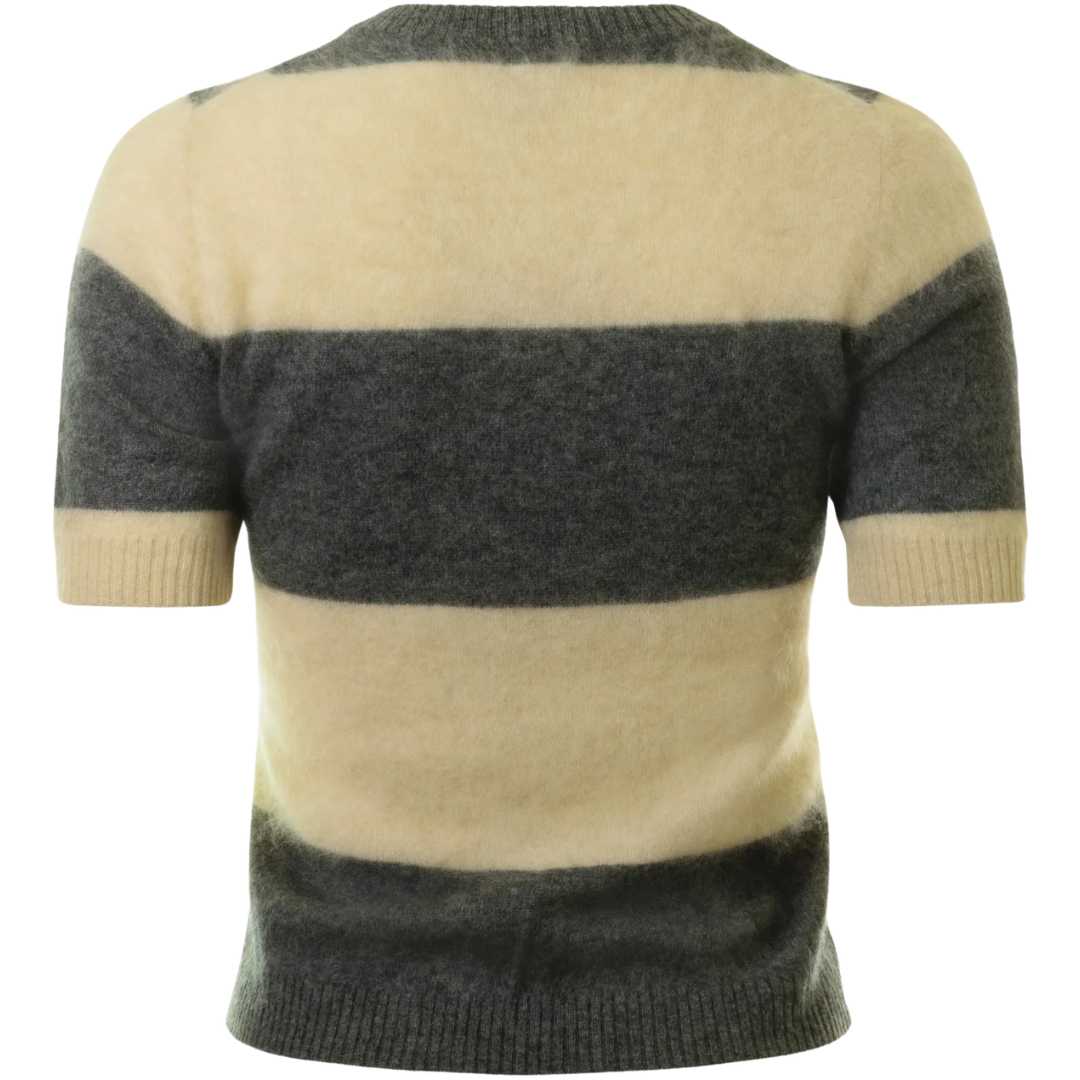Rugby Striped Cropped S/S Crew in Pewter/Parchment