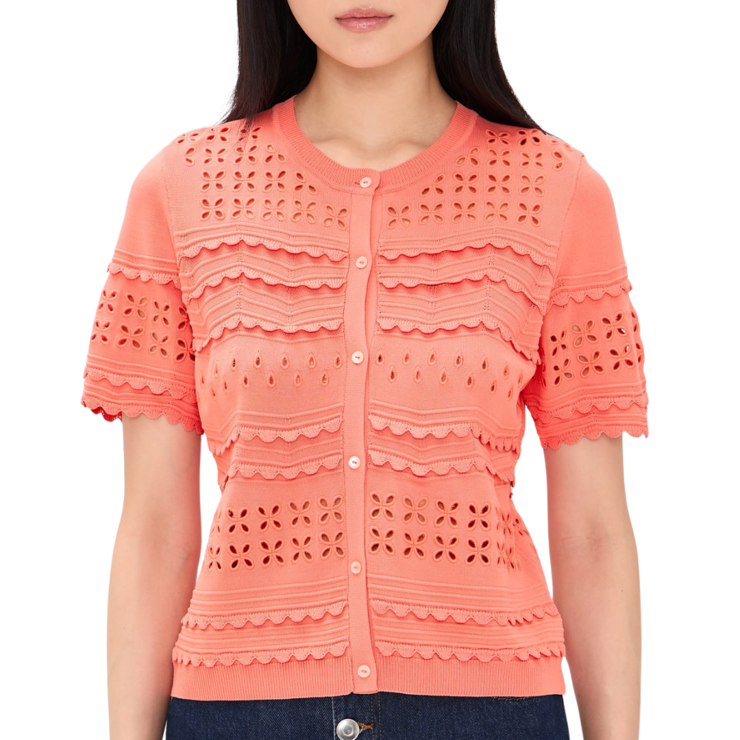 Abriana Eyelet Knit Cardigan in Coral