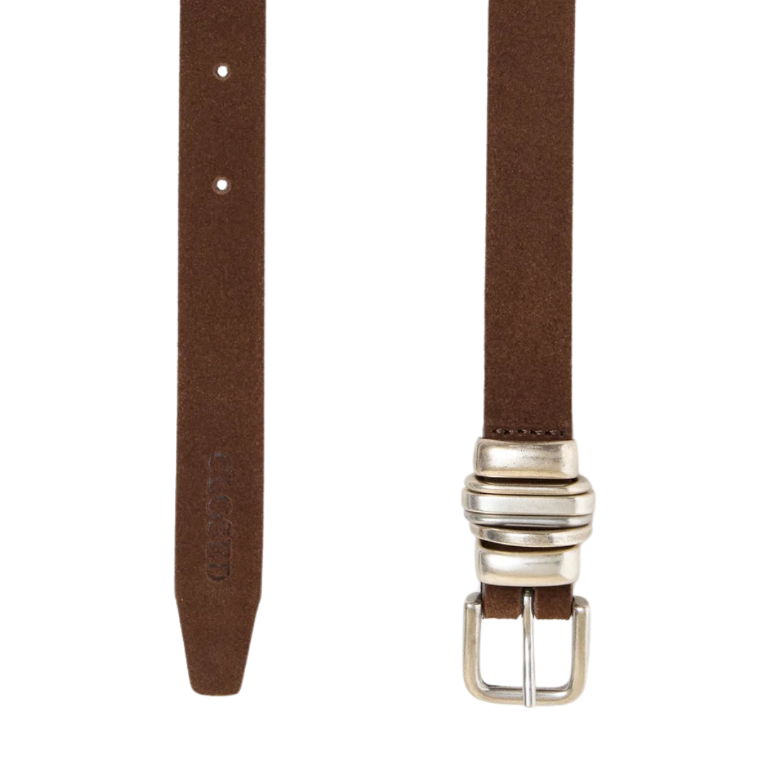Leather Belt Buckle Detail in Mahogany Brown