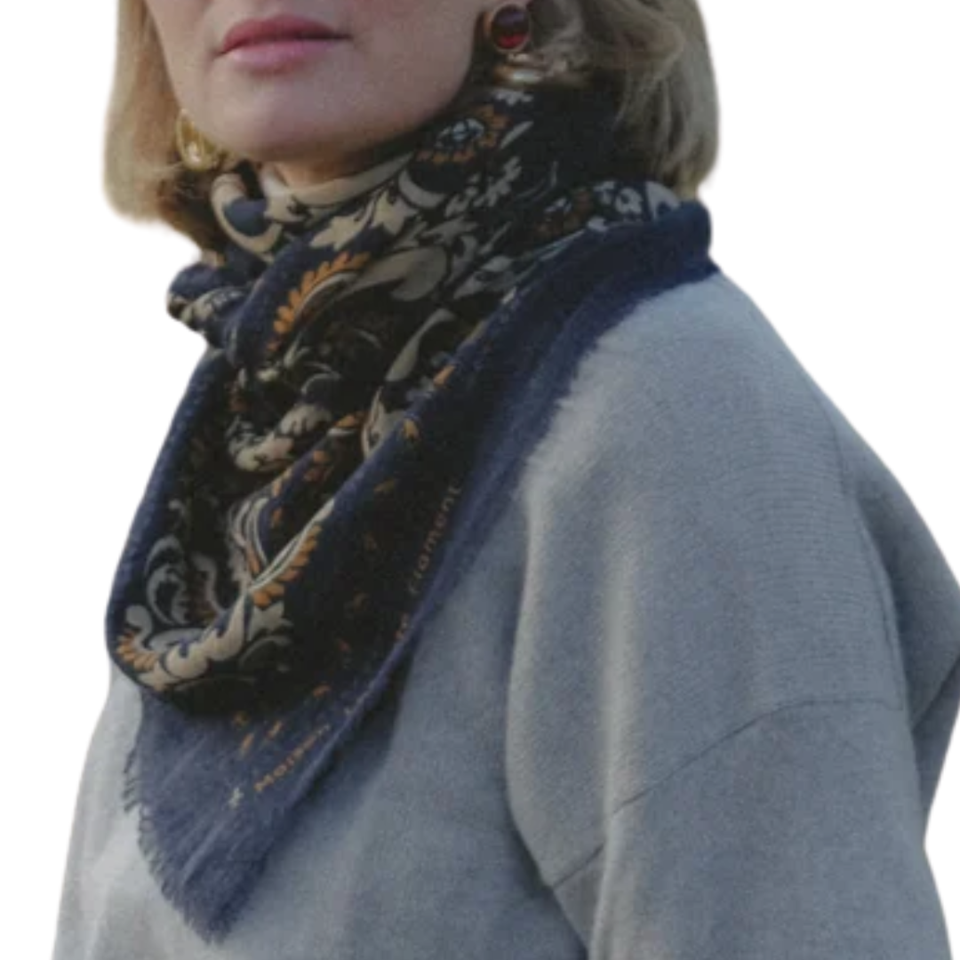 Bandana Flowers Wool Cashmere in Navy