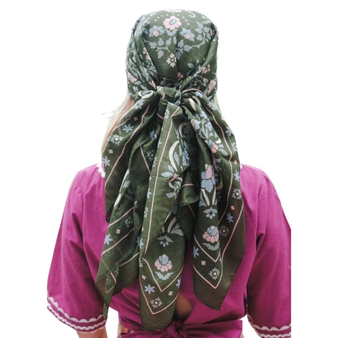 Secret Garden Cotton Bandana Scarf in Dark Green