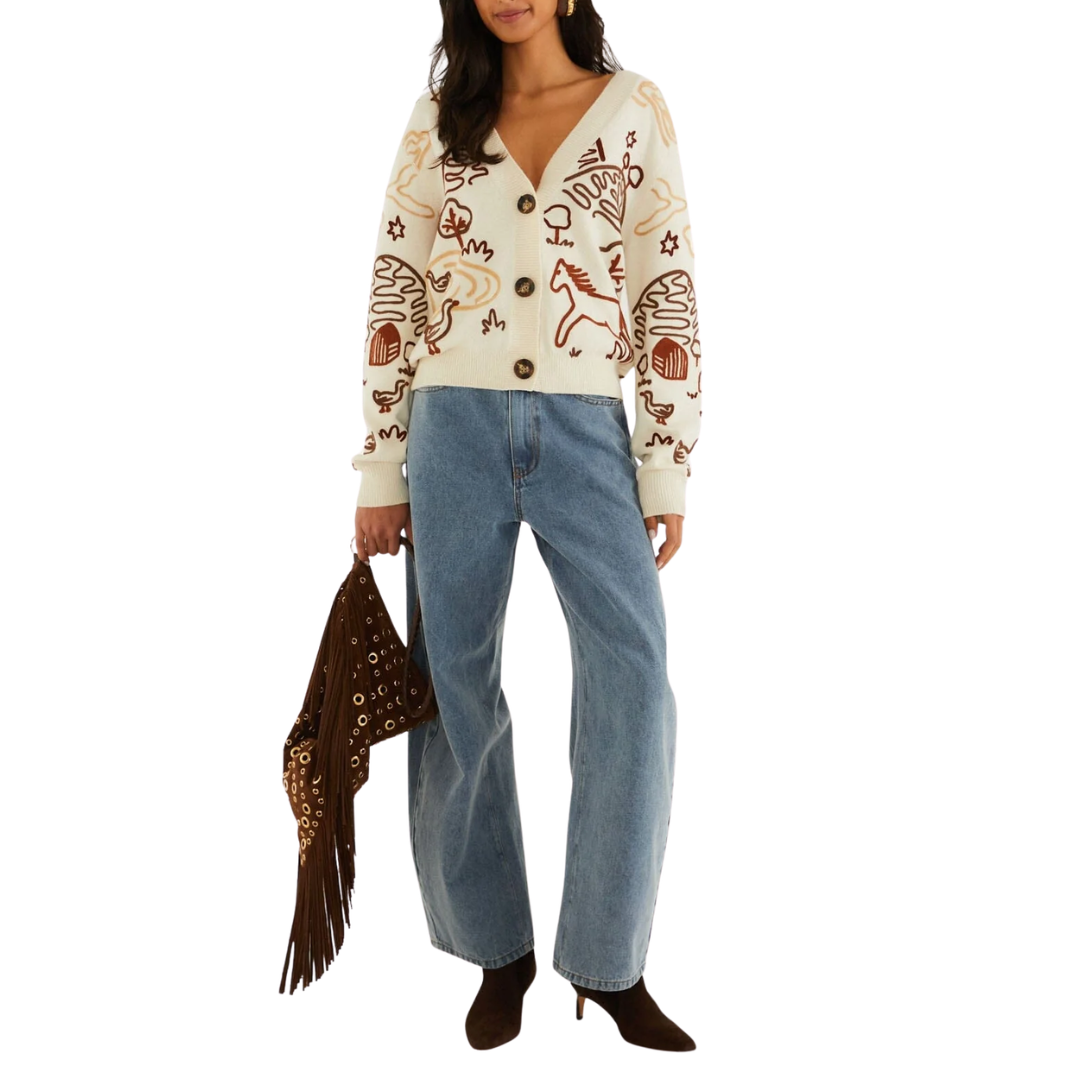 Countryside Cornelli Knit Cardigan in Off-White