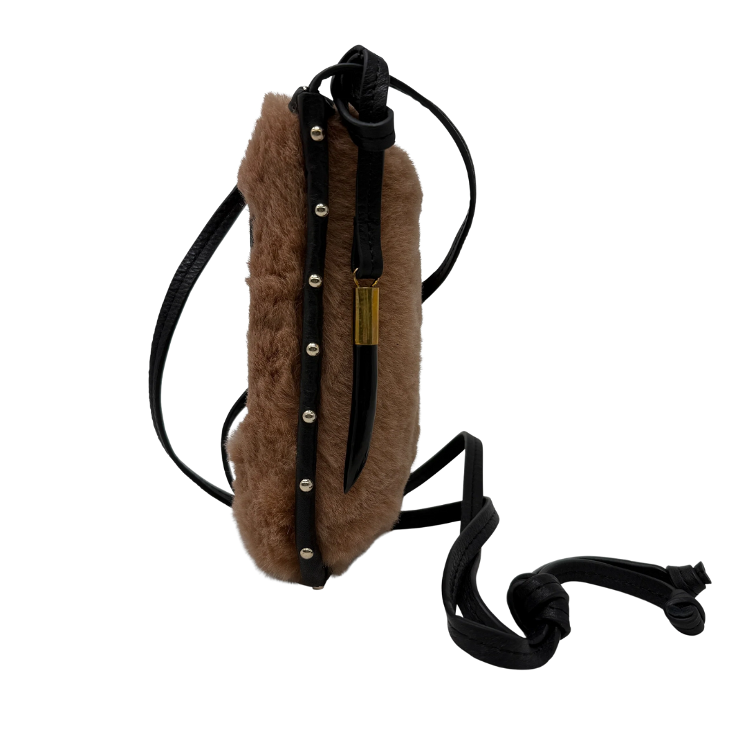 Mini Sling Phone Crossbody in Caramel Shearling