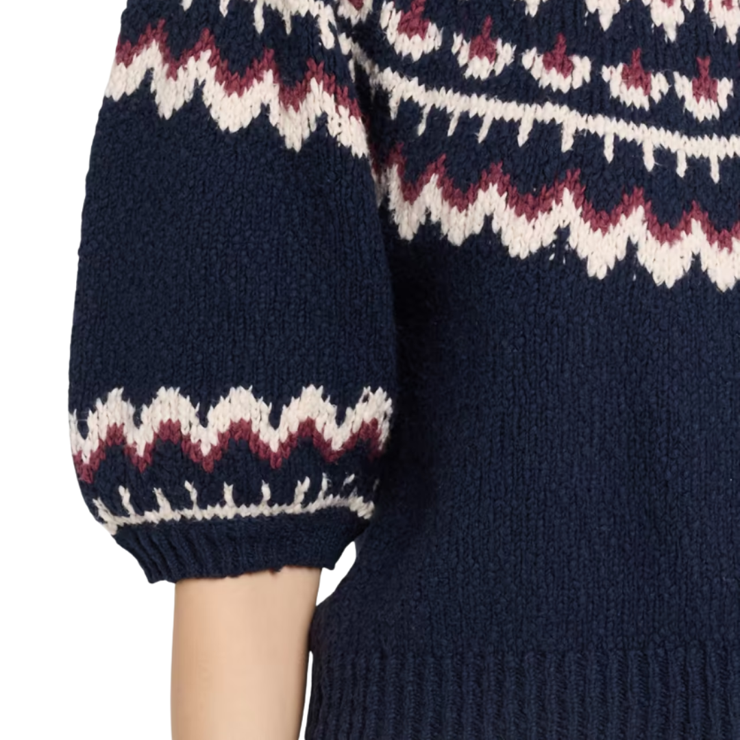 Puff Sleeve Fair Isle Crew in Navy/Wine Combo
