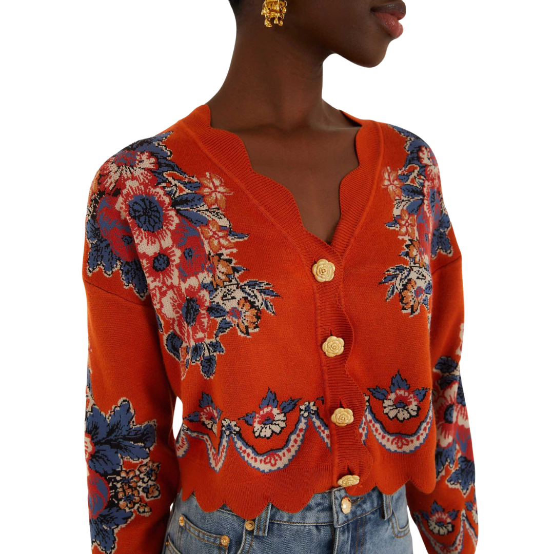 Victorian Floral Buttoned Knit Cardigan in Terracota