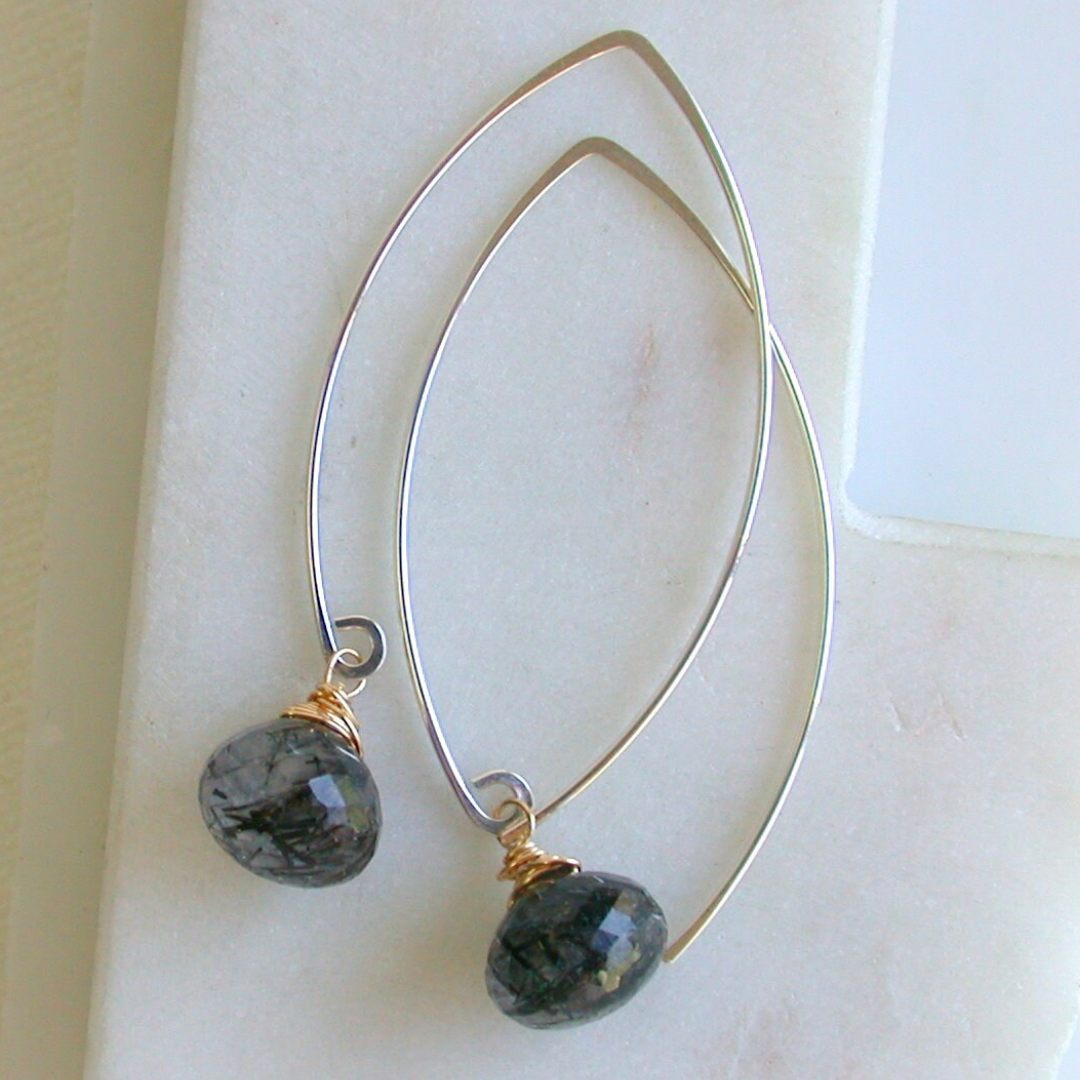 Black Rutilated Onion Drop Threaders in Mixed Metal