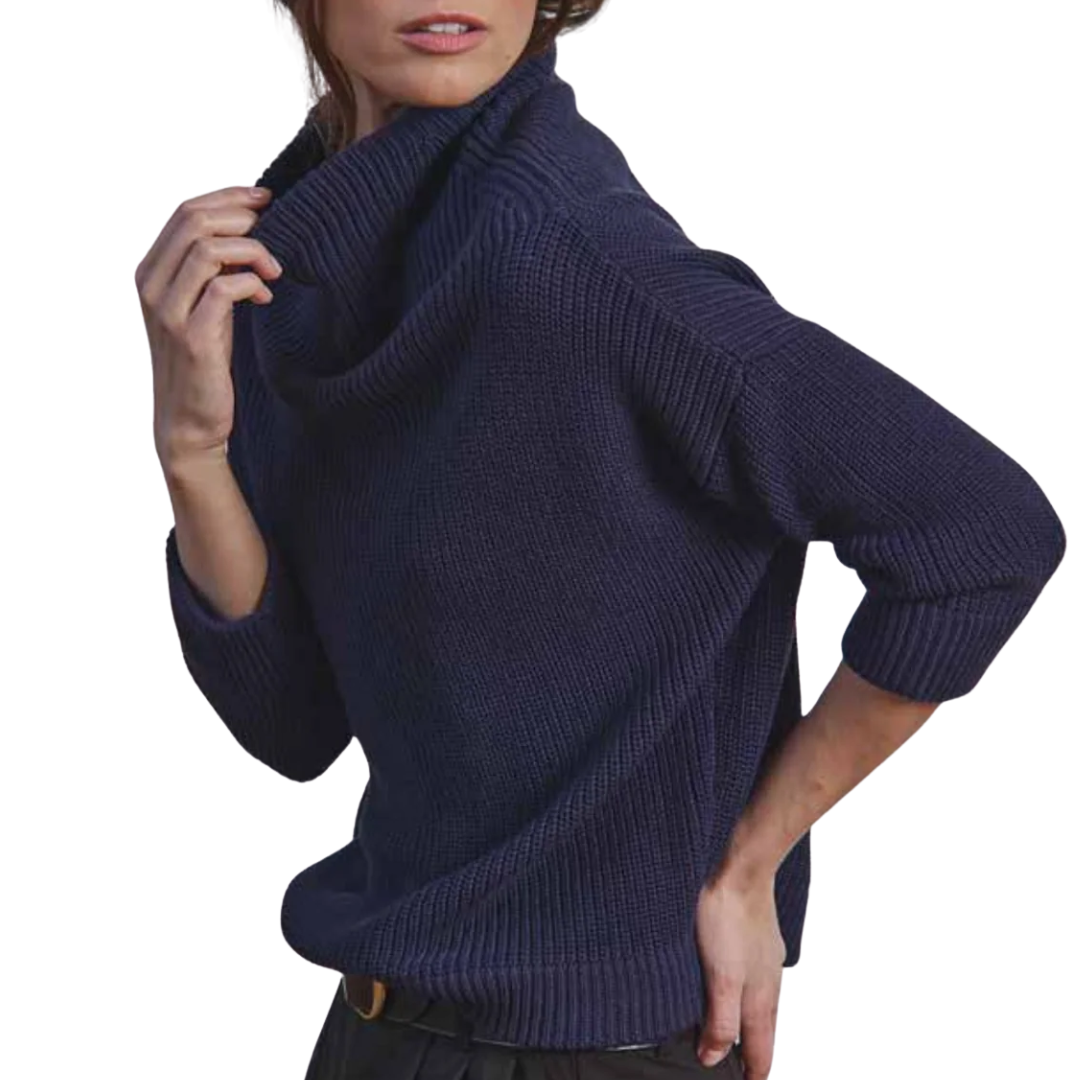 Half Cardigan Stitch Funnel Neck in Navy