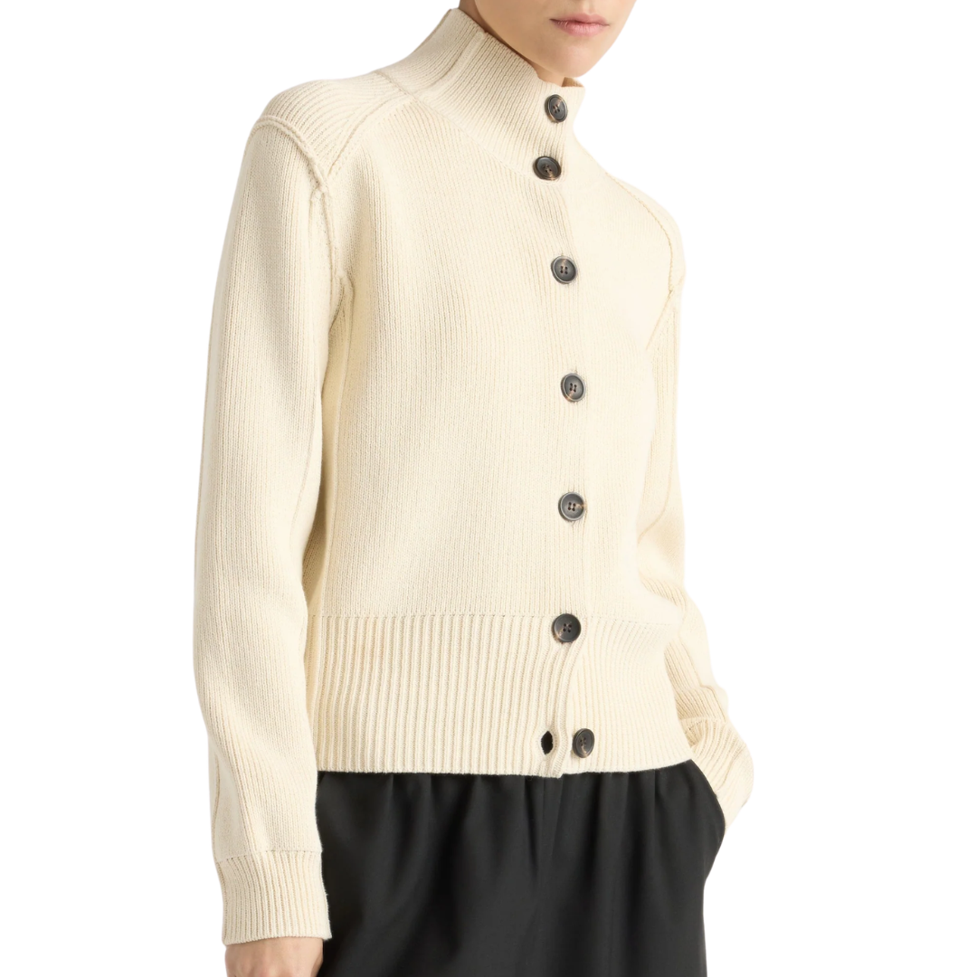 Clove Button Mock-Neck Knit Cardigan in Cream