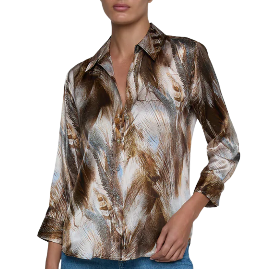 Dani Silk Blouse in Neutral/Blue Mix Feather