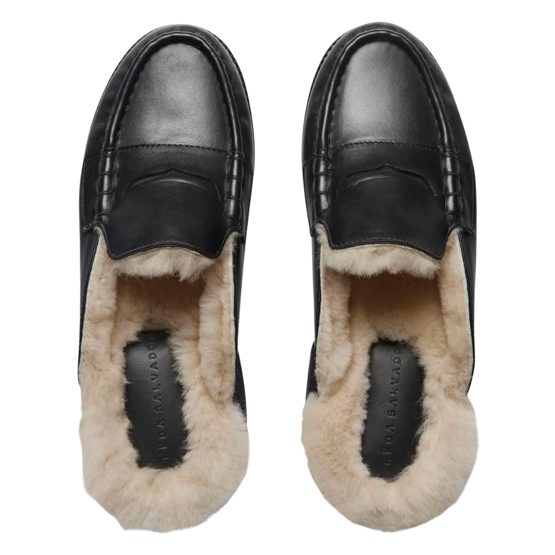 Temi Shearling Penny Loafer Mule in Black