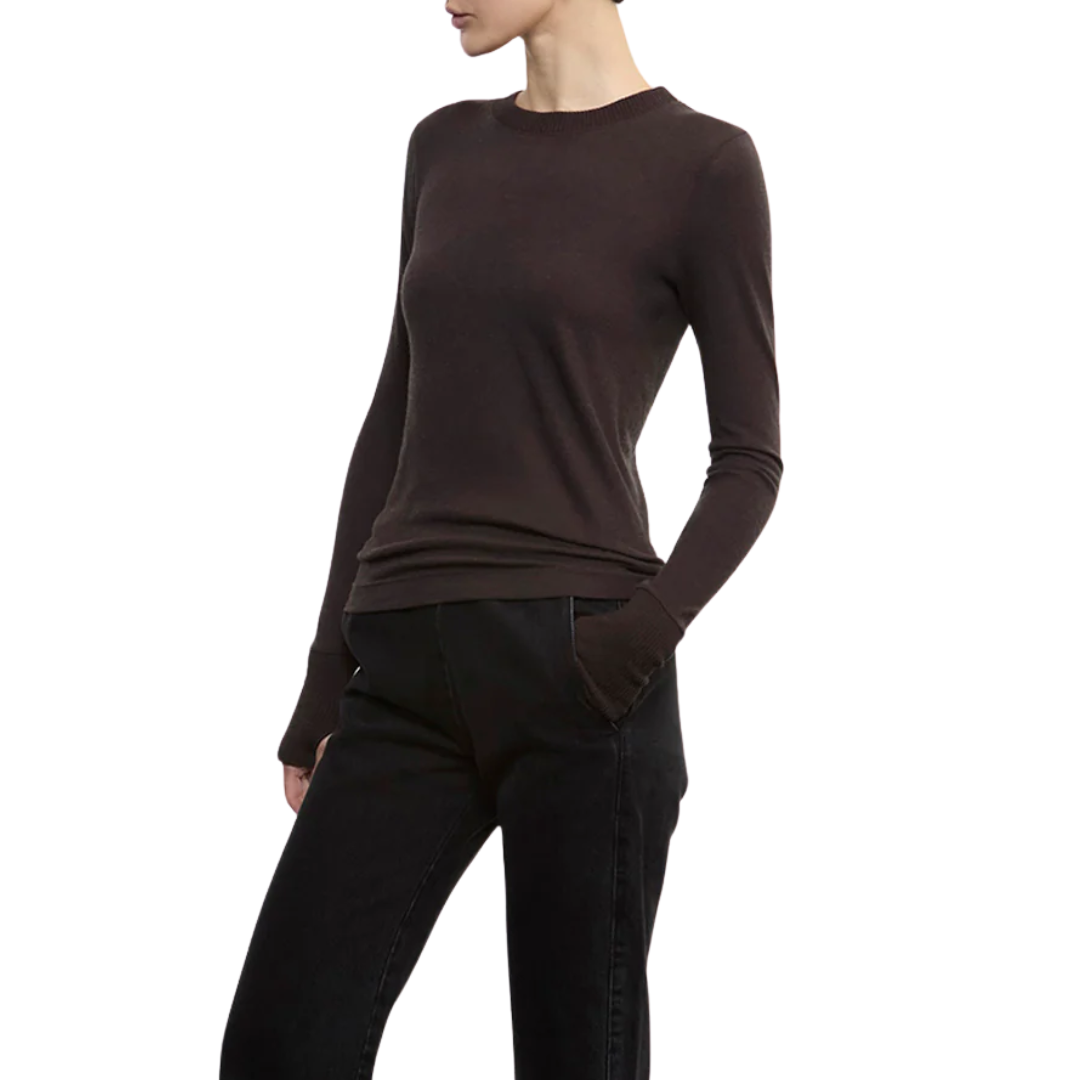 Cashmere Easy Cuffed Crew in Dark Brown