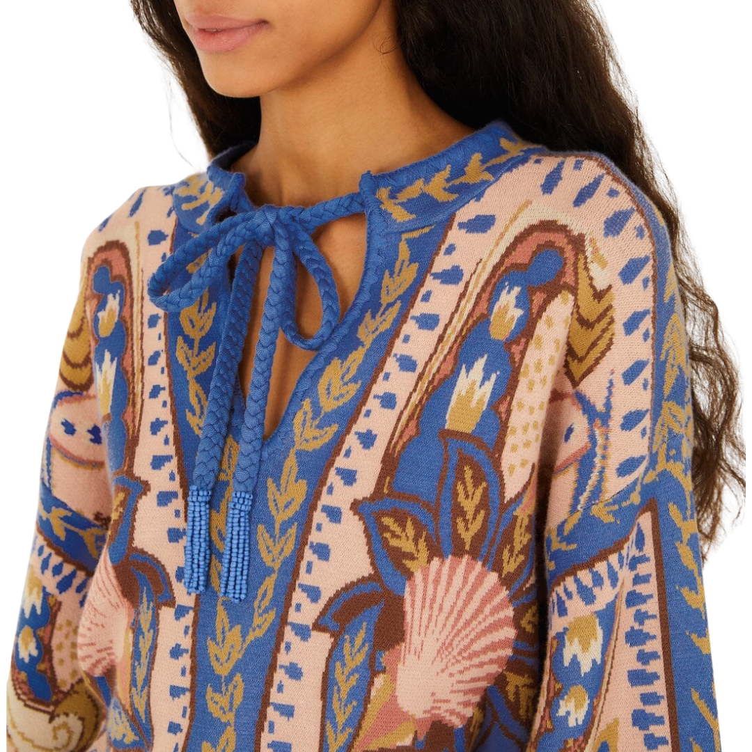 Scarf Tassels Knit Mini Dress in Blue Sea Garden