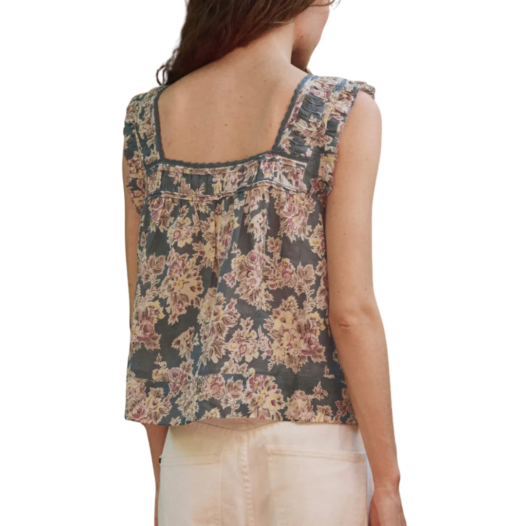 The Victorian Pleat Tank in Indigo Floral