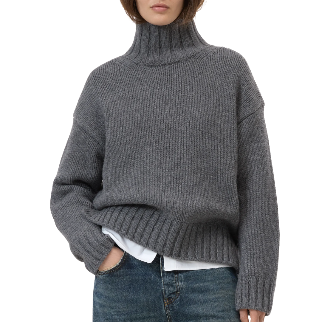Pure Wool Roll Neck Pullover in Dark Grey Melange