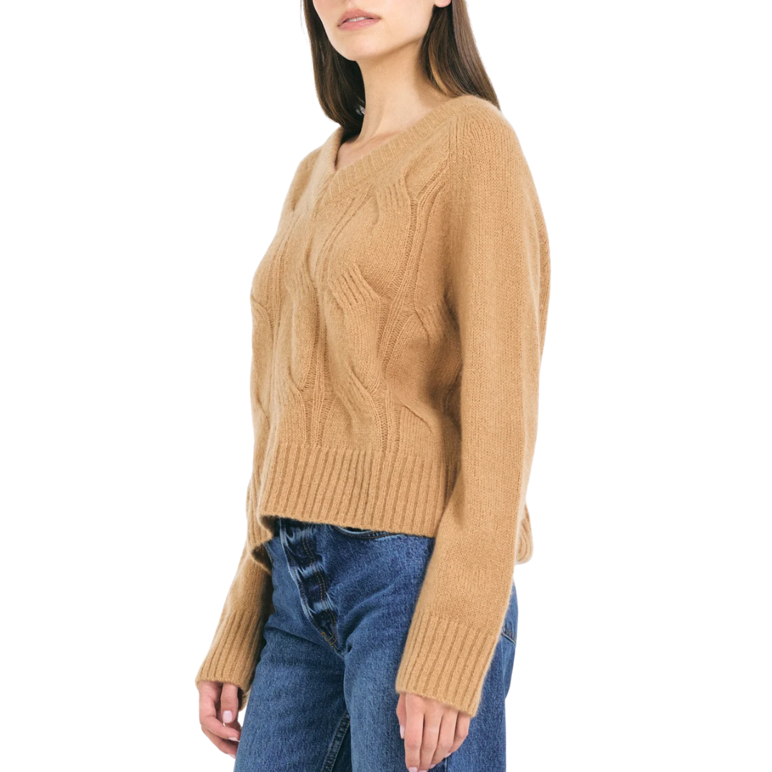 Mabel Cable V Neck Pullover in Chestnut