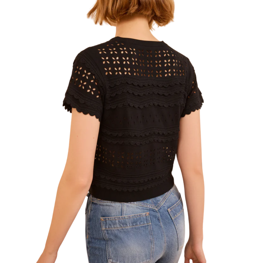Abriana Eyelet Knit Cardigan in Noir