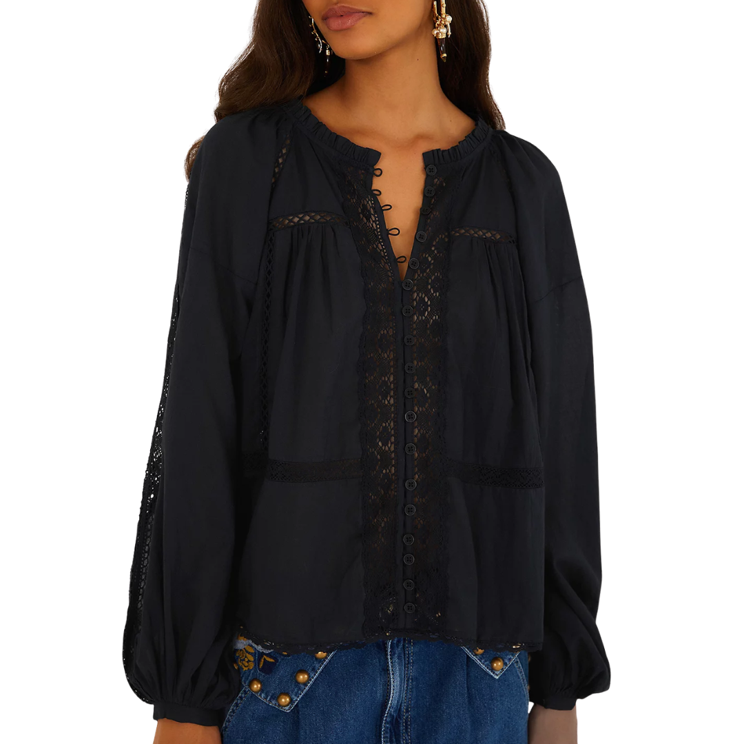 Boho Lace Long Sleeve Blouse in Black