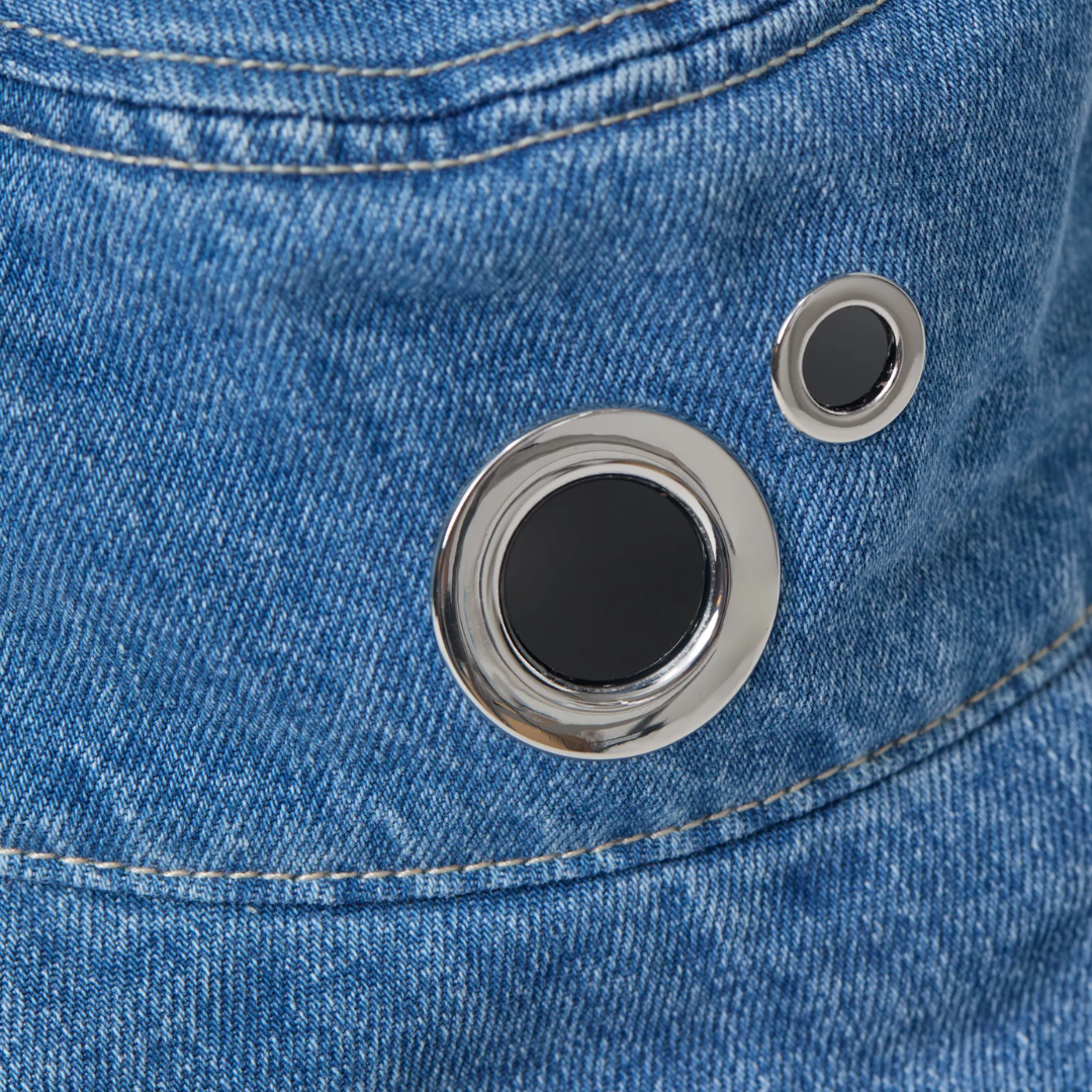 Denim Bucket Hat with Studs in Mid Blue