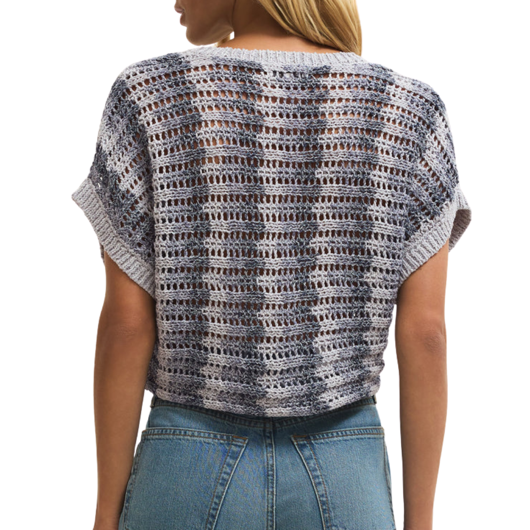 Ballast Crochet Stripe Sweater Top in Calypso Blue Indigo