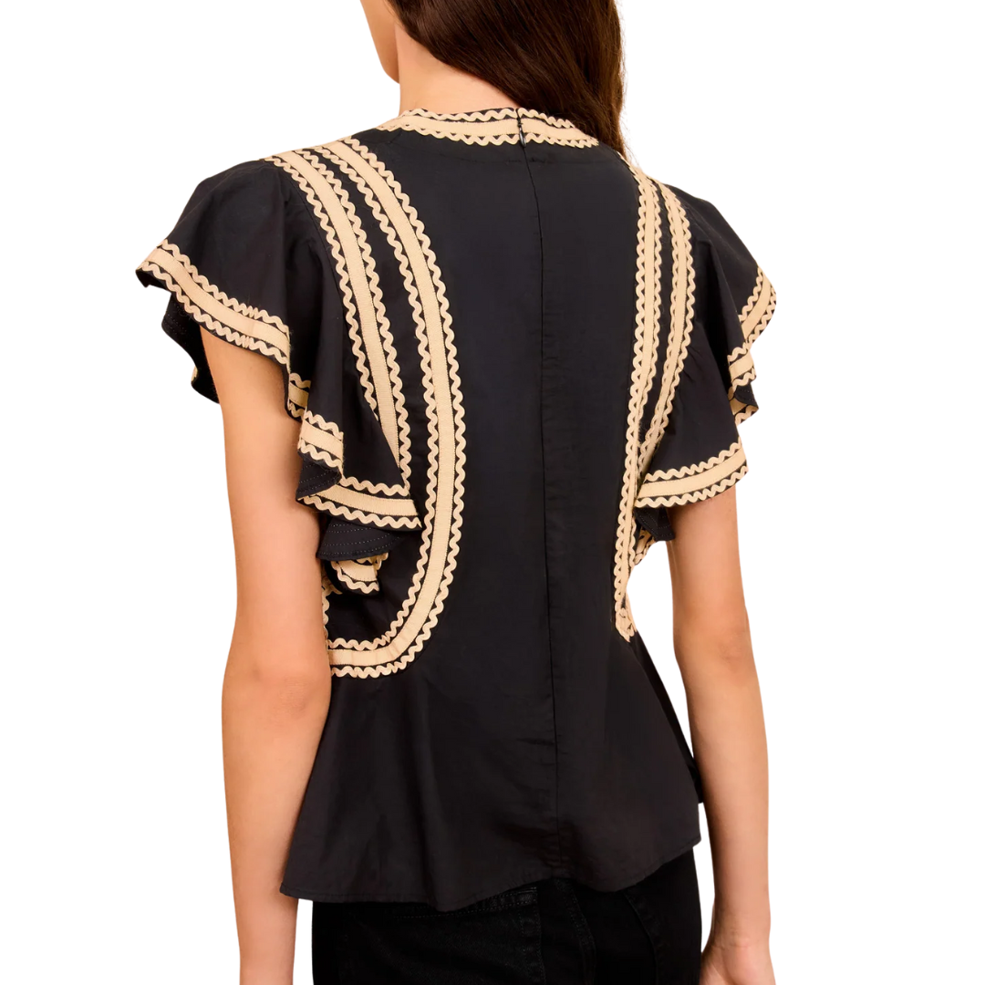 Anora Flutter Sleeve Top in Noir