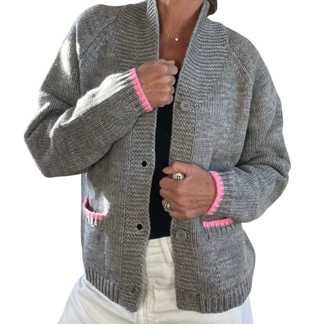 Chunky Heart Snow Letterman Sweater in Grey