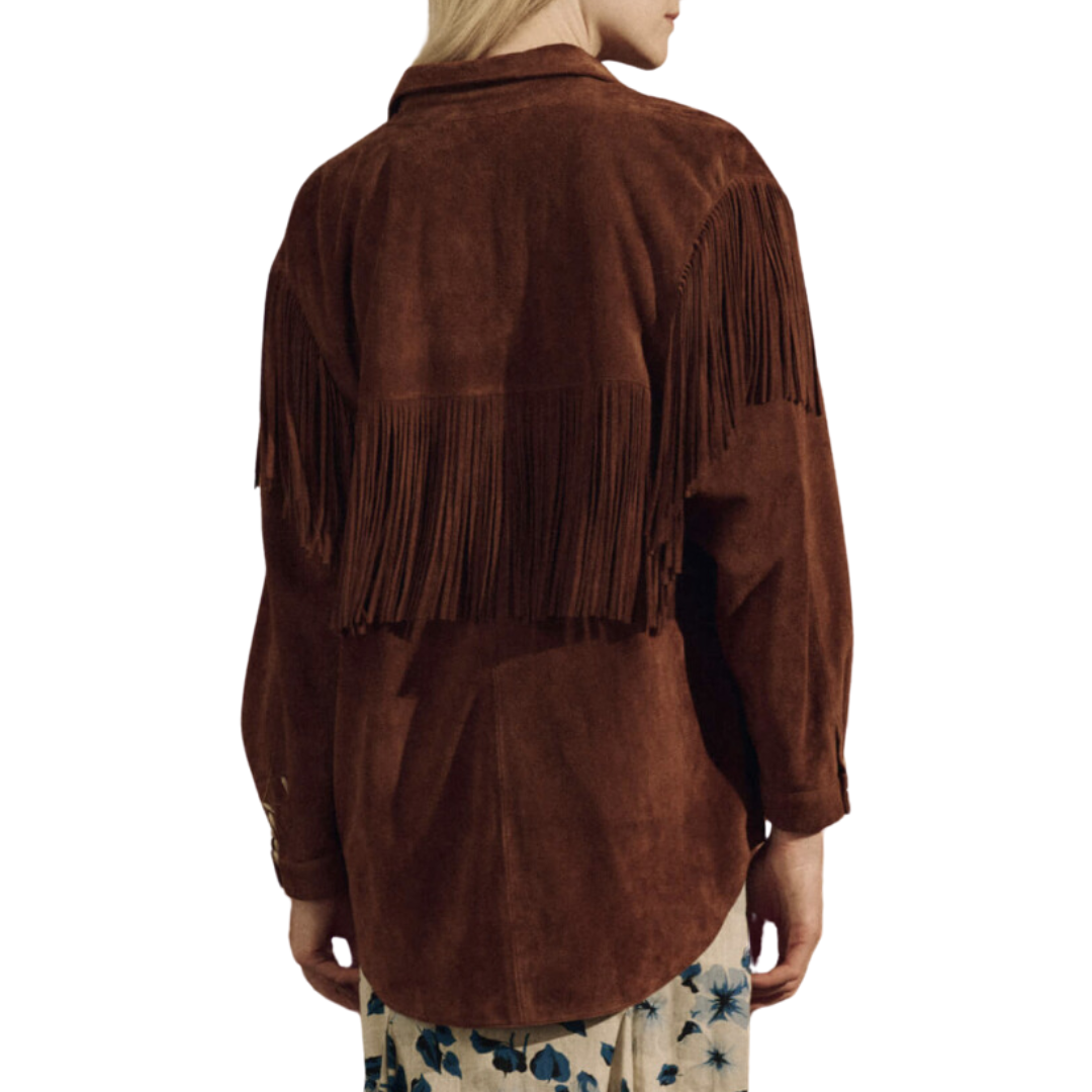 The Suede Fringe Shirt Jacket in Cognac