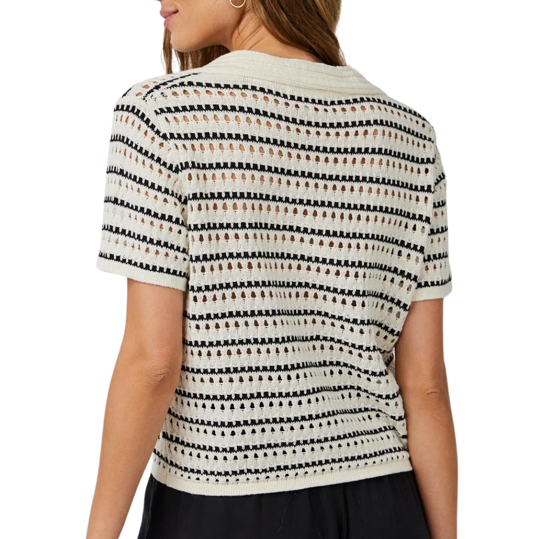 Collared Popover Sweater in Ivory & Black Stripes