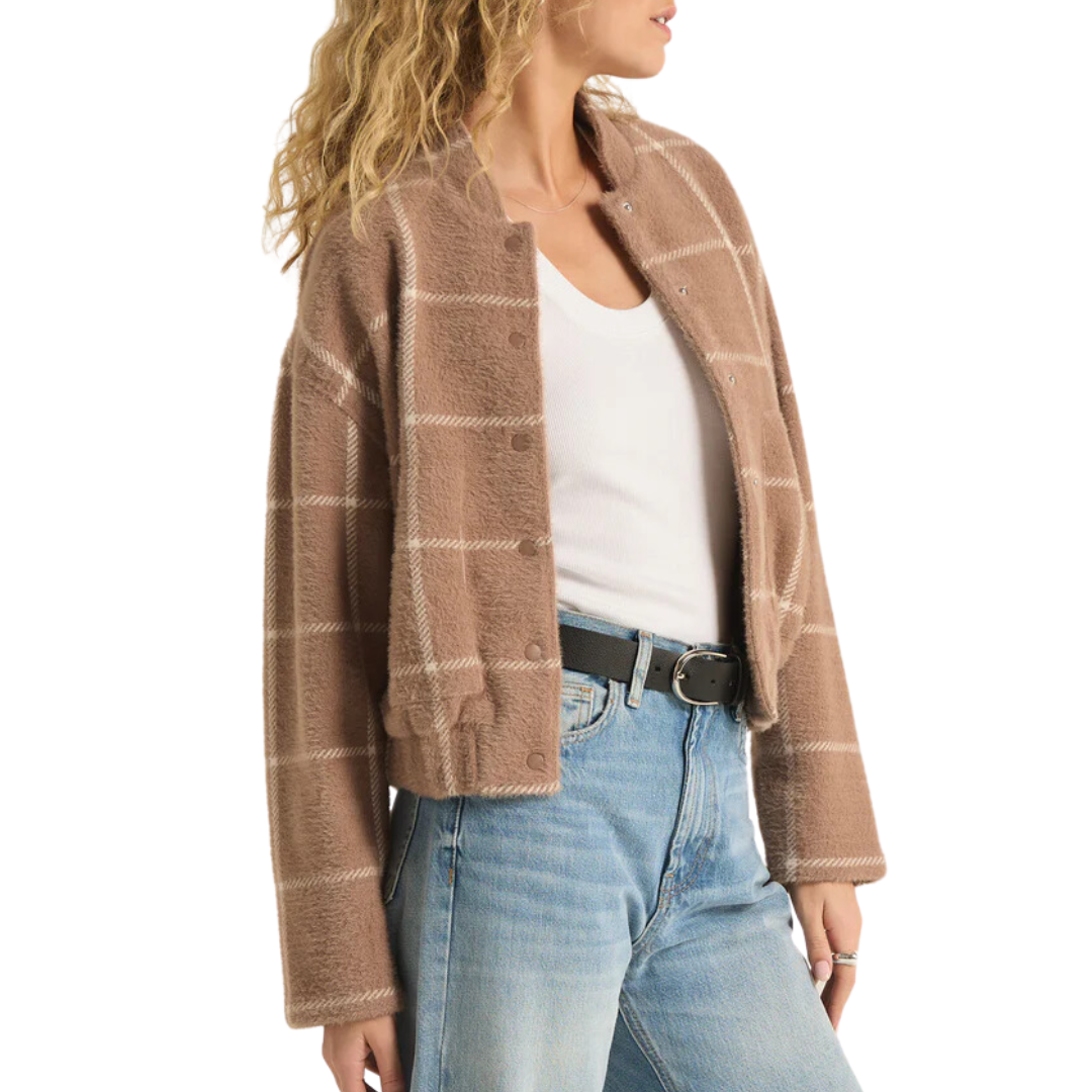 Lex Plaid Sweater Knit Bomber Jacket in Heather Taupe