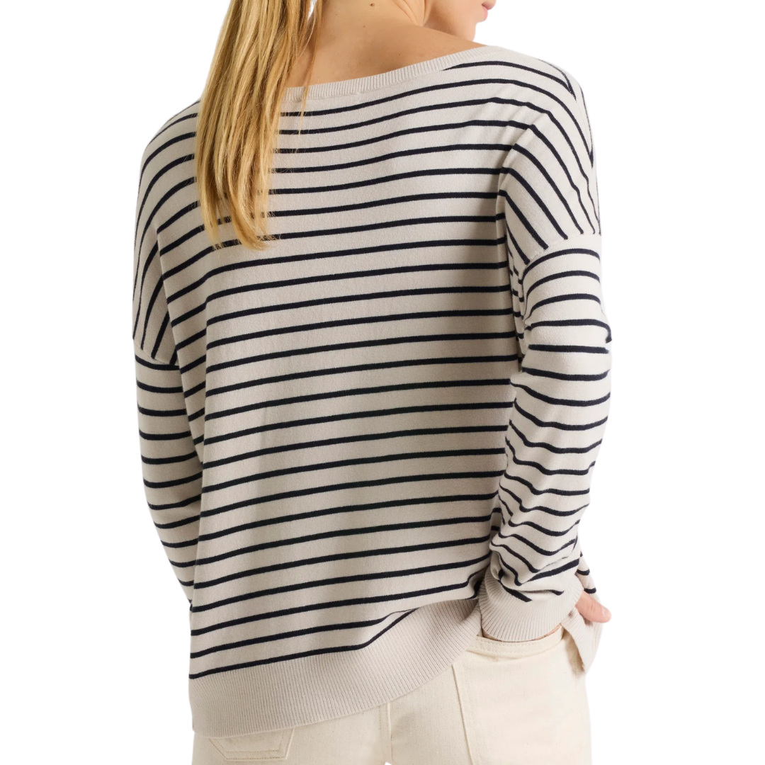Organic Cotton Striped Boat Neck Long Sleeve Sweater in Chalk