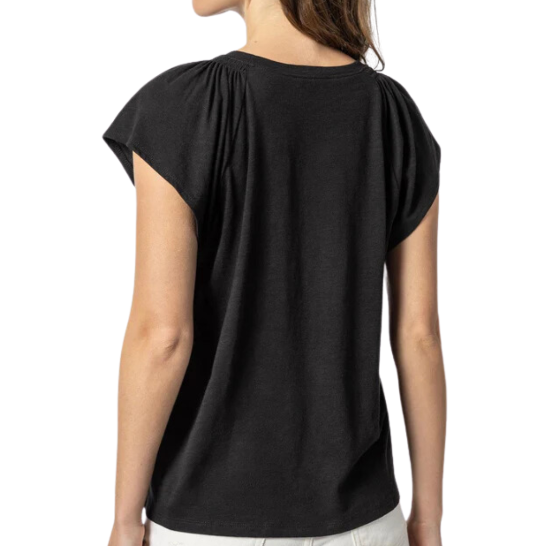 Shirred Shoulder V-Neck in Black