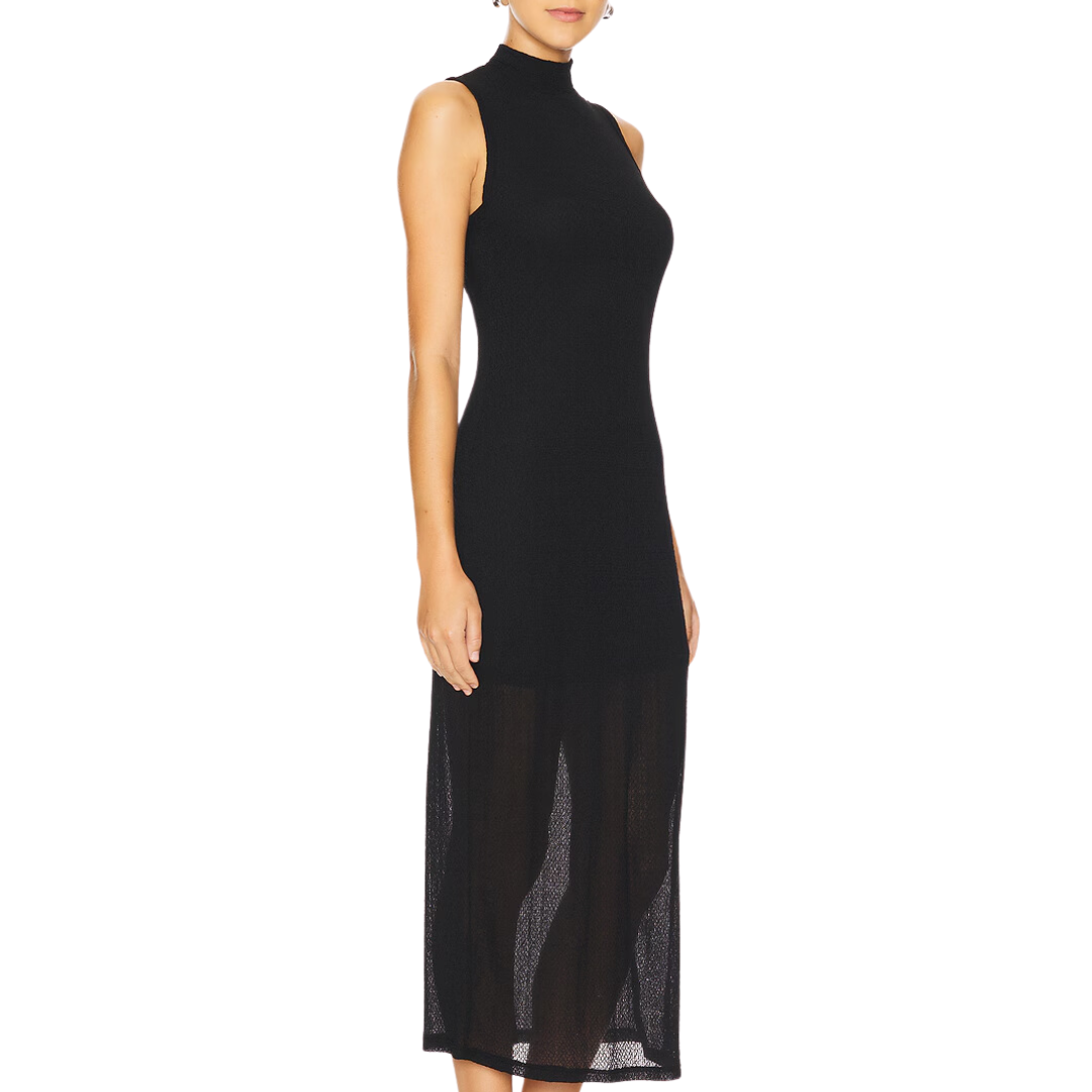 Sleeveless Mesh Mockneck Dress in Black