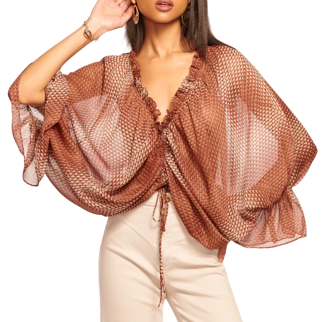 Susanna Ruched V-neck Blouse in Saddle Geo