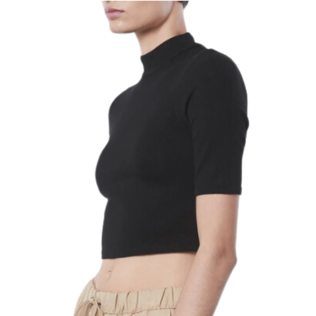 Silk Rib Cropped Half Sleeve Mockneck in Black
