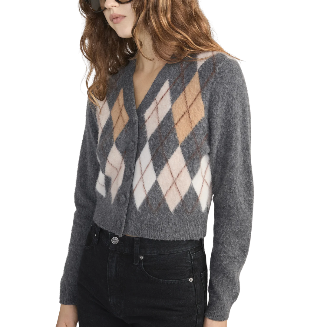The Brushed Argyle Cardi in Grey Multi