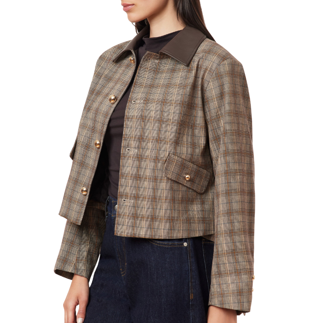 Houndstooth Check Swing Jacket in Brown Houndstooth