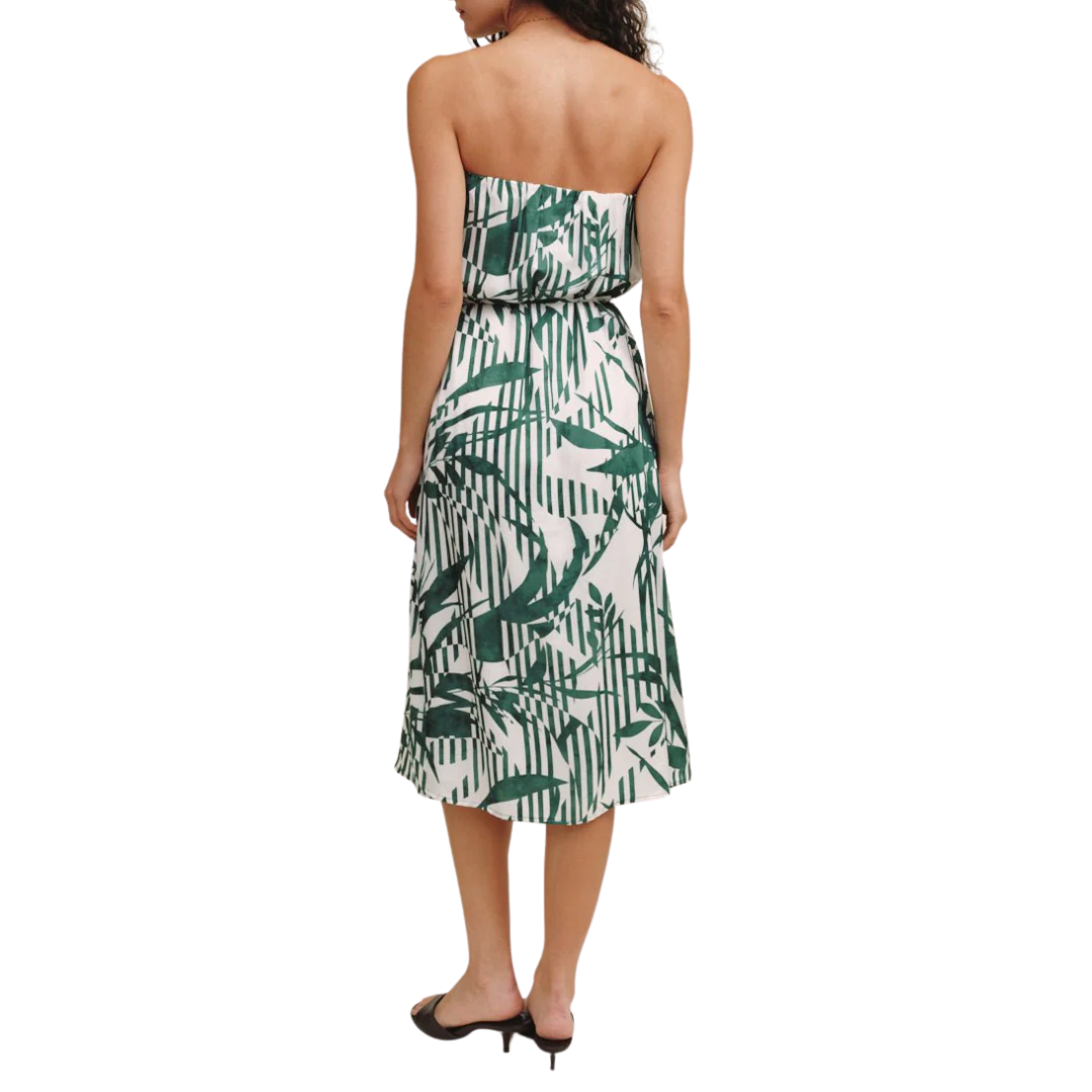 Flowy Strapless Midi Dress in Palm Paradise Print