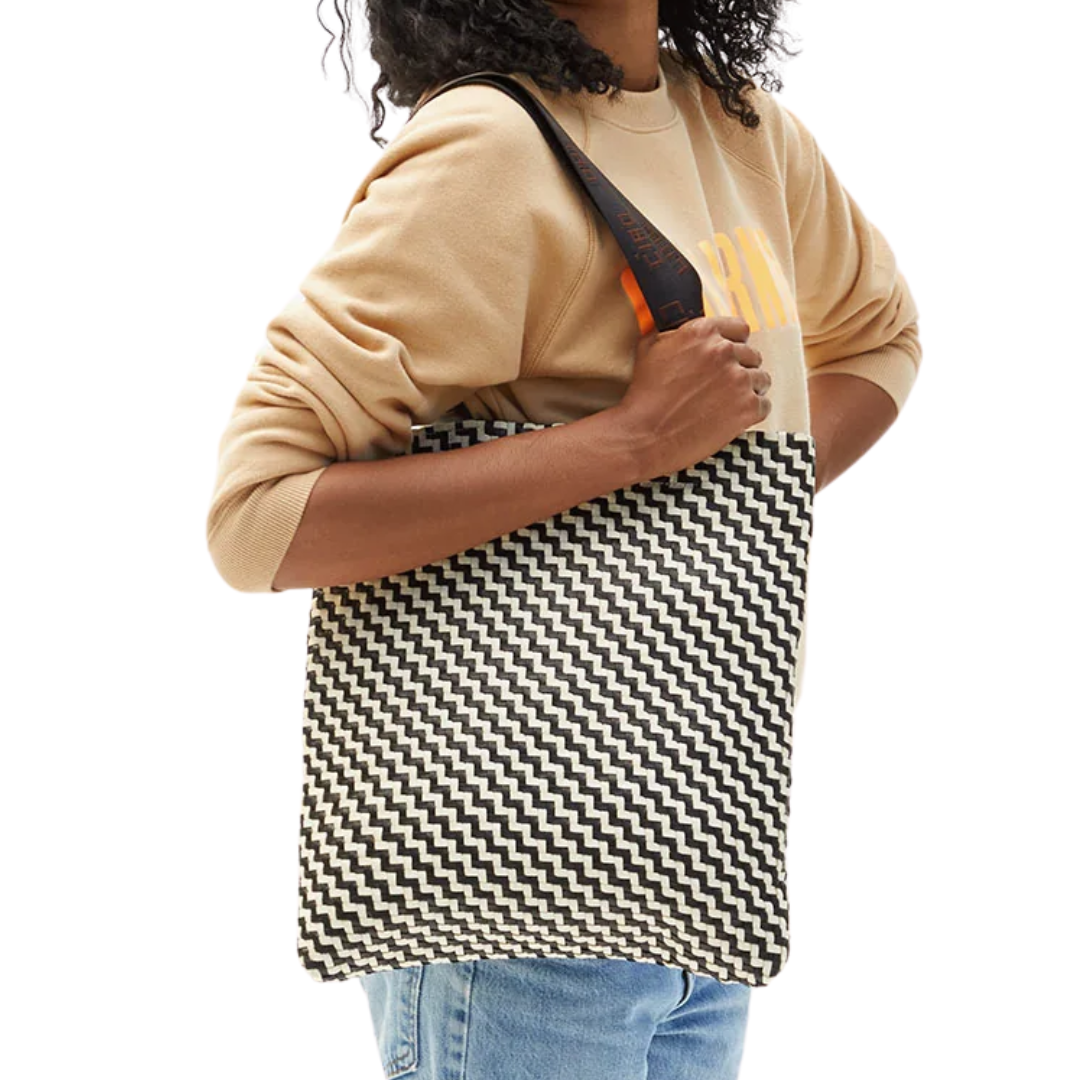 Carryall Tote in Black & Cream Woven Zig Zag