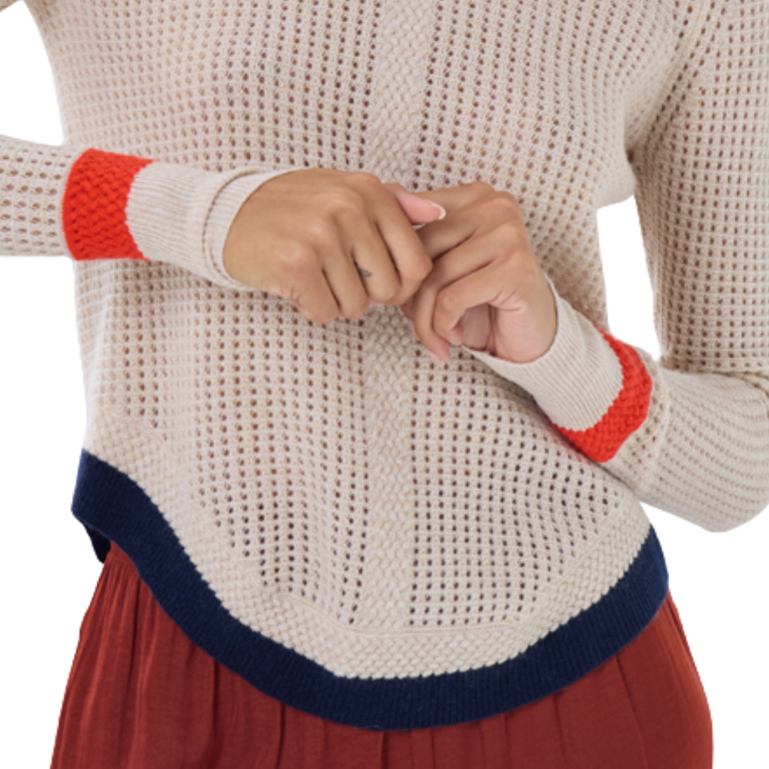 Mesh Shirttail Crew W/ Braid Cable Detail in Basket Combo