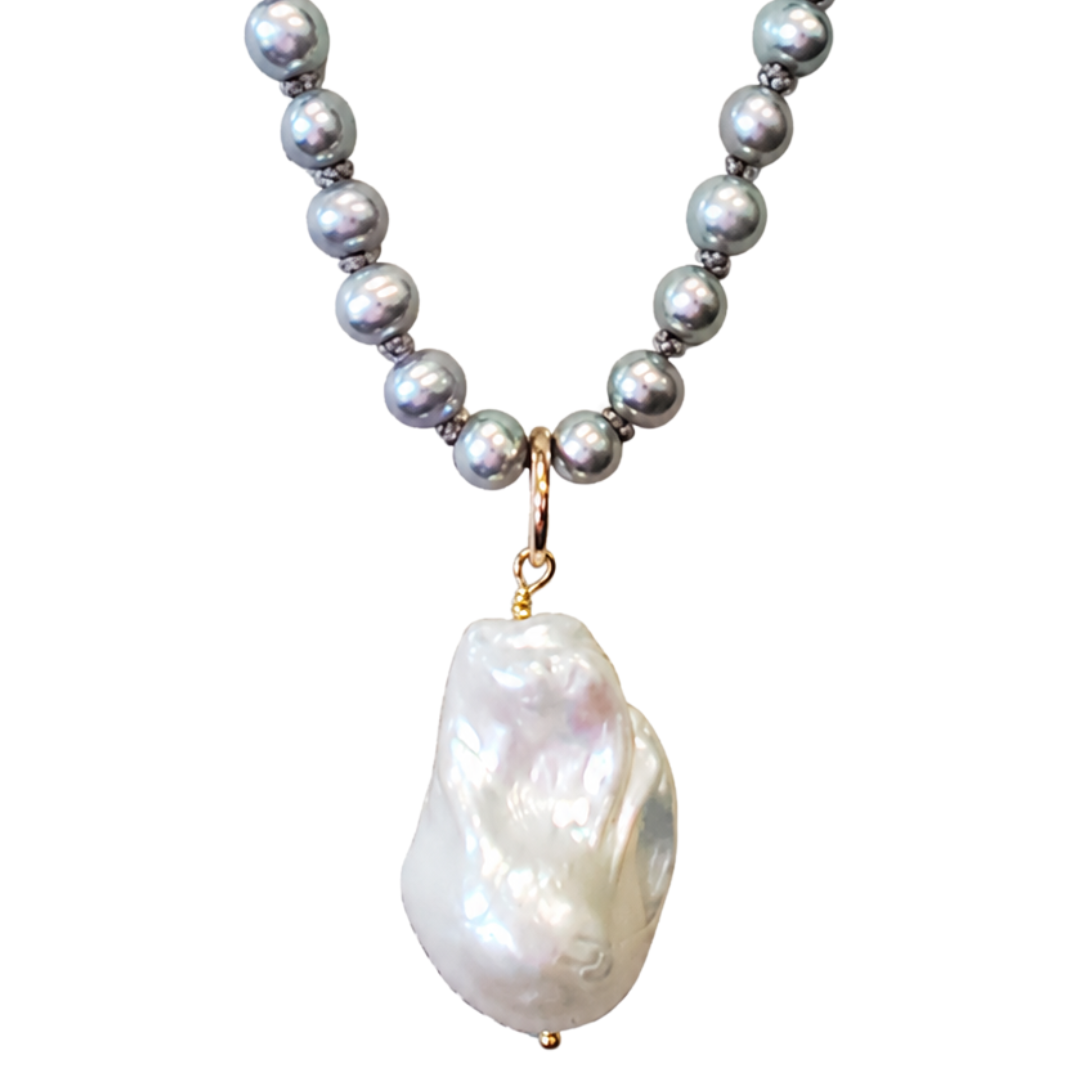 Large White Baroque Pearl 34" Necklace in Grey