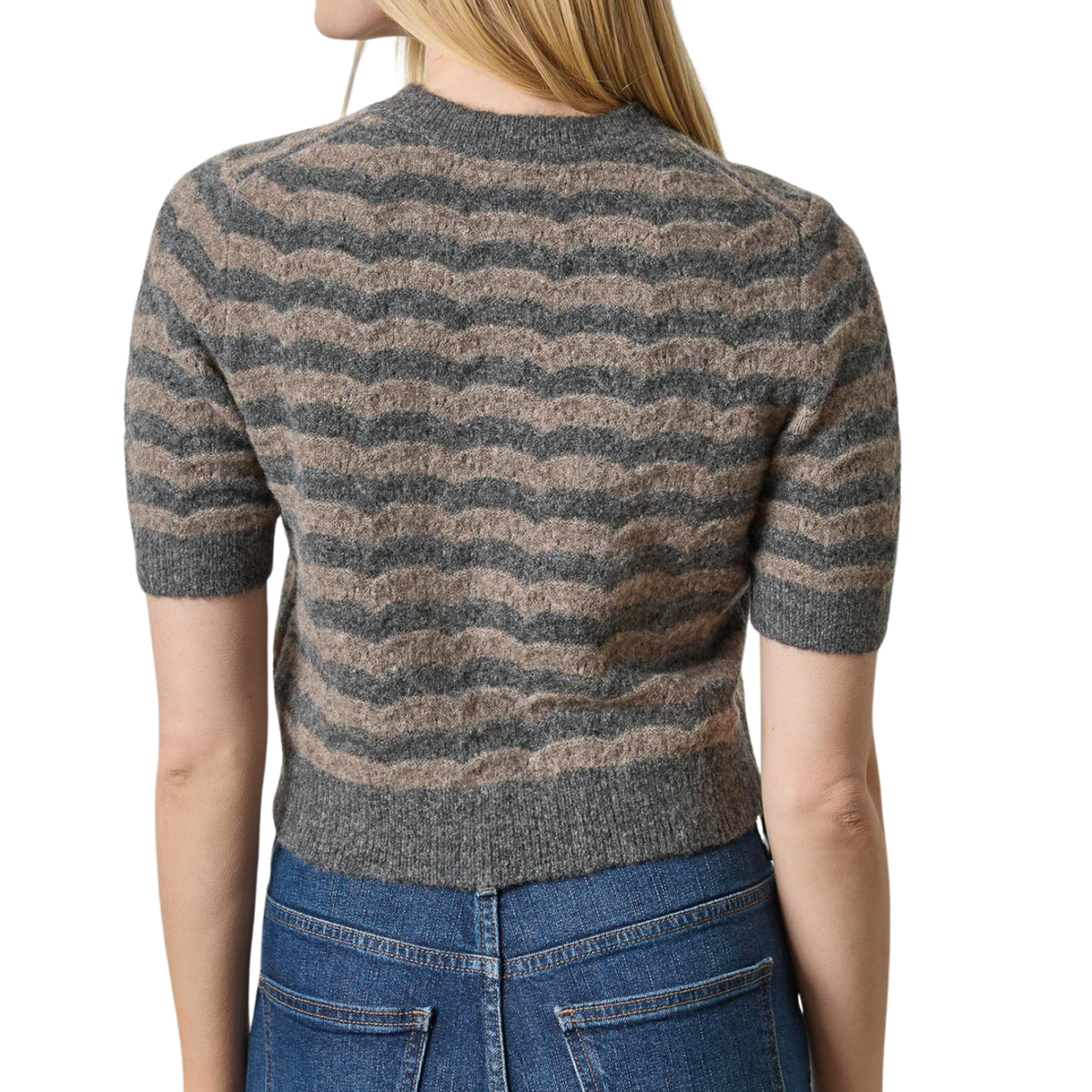 Short Sleeve Crewneck Cardigan in Graphite Stripe
