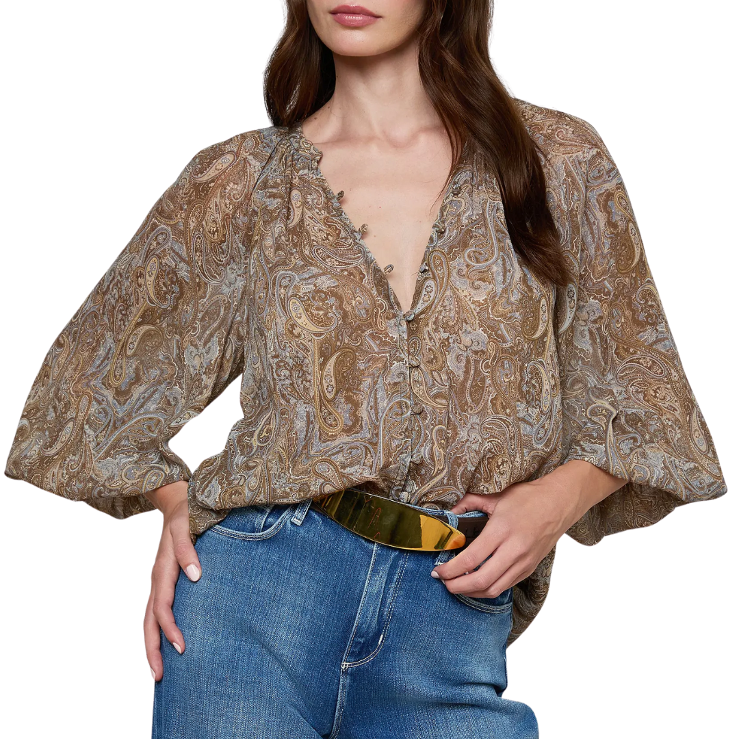 Teagan Blouse in Neutral/Blue Ditsy Paisley